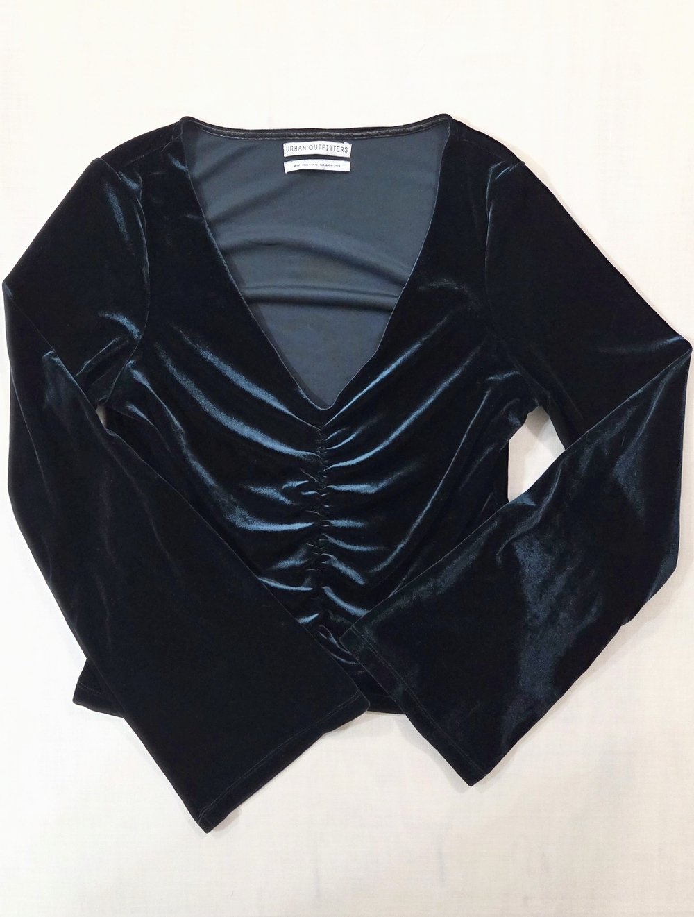 Urban Outfitters Green Velvet Ruched V-Neck Blouse Medium|Whimsigoth Fairy Moody - Picture 2 of 6